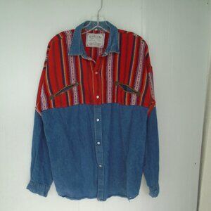 Barlow Mens Pearl-Snap Country Western Long Sleeves Shirt Size L Blue/Red